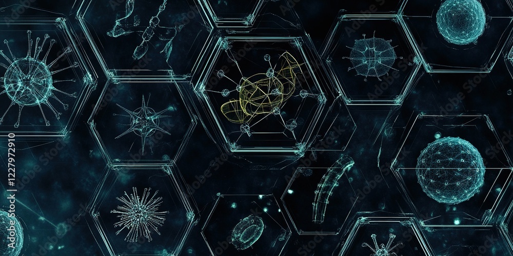 Poster exploration of microscopic organisms through digital visualization and hexagonal patterns
