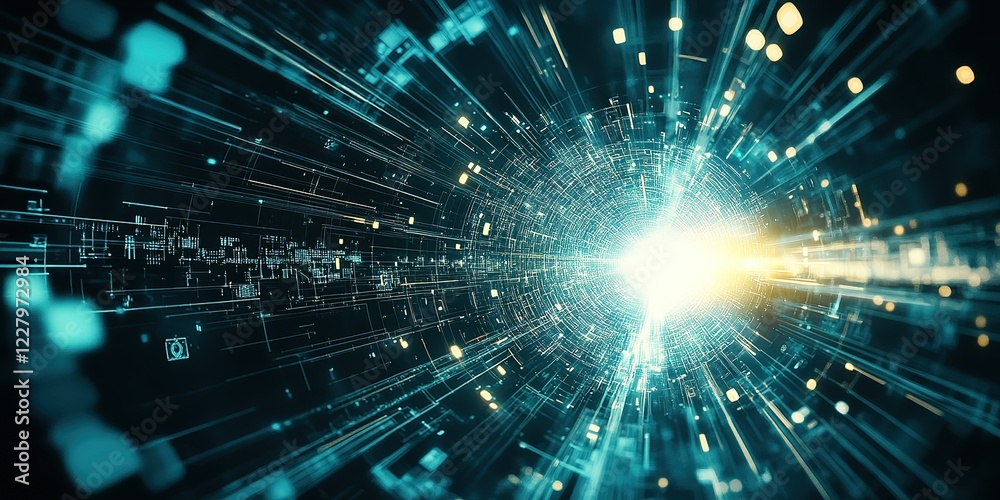 Poster visual representation of a futuristic digital tunnel filled with bright light and intricate patterns