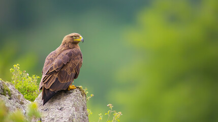Majestic tawny eagle perched on rock amid mountain wildflowers. Ideal for wildlife conservation projects, nature documentaries, or environmental awareness campaigns.