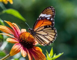A close-up of a vibrant butterfly resting on a colorful flower in a sunlit garden, showcasing the beauty of nature.