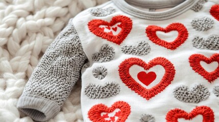 Cute baby sweater with colorful heart patterns on a soft background.
