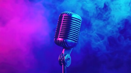 A vibrant purple and blue gradient background with an old-fashioned microphone at the center