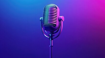 A vibrant purple and blue gradient background with an old-fashioned microphone at the center