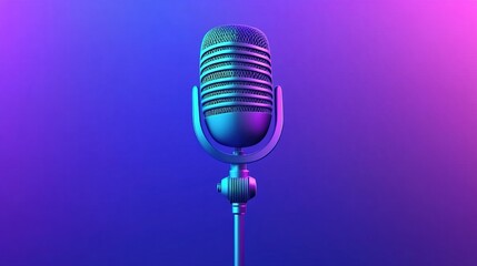 A vibrant purple and blue gradient background with an old-fashioned microphone at the center