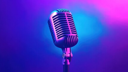 A vibrant purple and blue gradient background with an old-fashioned microphone at the center