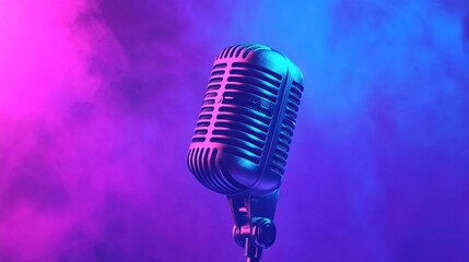 A vibrant purple and blue gradient background with an old-fashioned microphone at the center