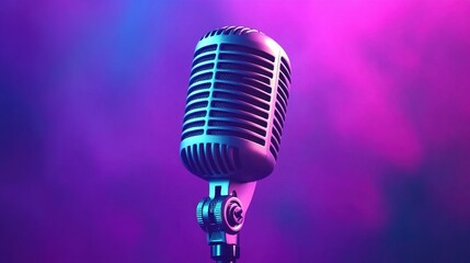 A vibrant purple and blue gradient background with an old-fashioned microphone at the center