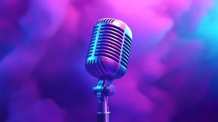 A vibrant purple and blue gradient background with an old-fashioned microphone at the center