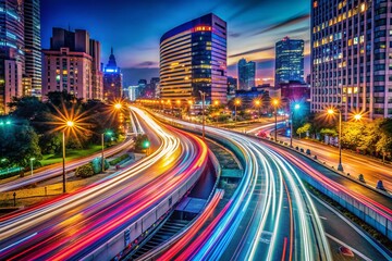 Fototapeta premium Long Exposure Light Trails Create Funny Shapes at Night, Abstract Cityscape Photography