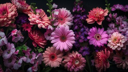 An Array of pink and purple flowers beautifully arrange