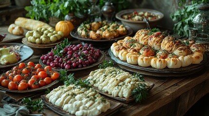 Obraz premium Rustic feast on wooden table, diverse food, indoor setting, blurred background