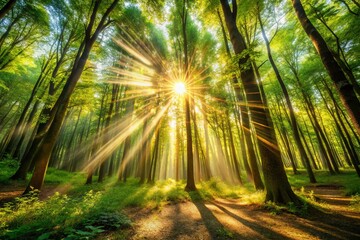Obraz premium Long Exposure Natural Light: Sunbeams Through Trees, Magical Forest Glow