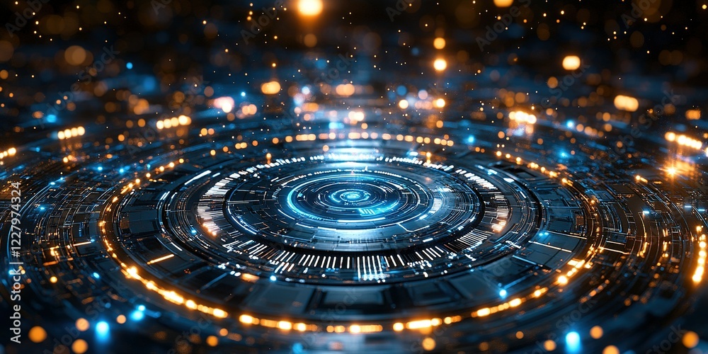 Poster digital abstract landscape with glowing particles and concentric circular patterns creates a futuris