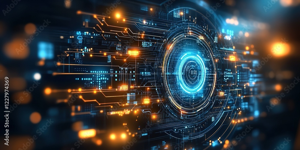 Poster visual representation of futuristic technology with glowing circuits and data patterns in a digital 