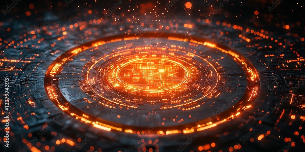 Poster glowing circular pattern with intricate details illuminating a dark surface in a futuristic setting