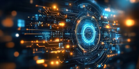 Visual representation of futuristic technology with glowing circuits and data patterns in a digital environment