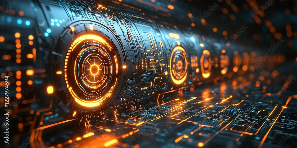 Poster futuristic digital environment with glowing circuitry and intricate patterns in a high-tech setting