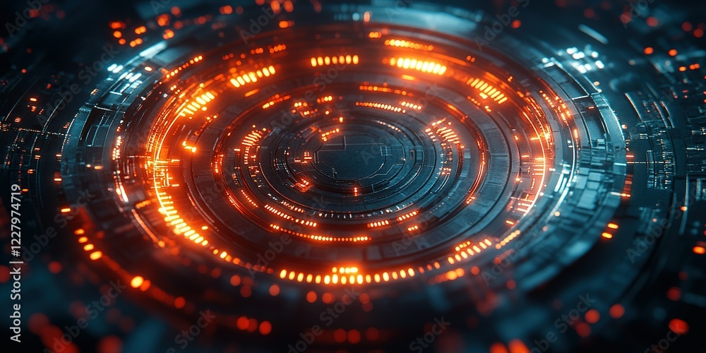 Poster digital abstract design featuring glowing orange circuitry patterns and futuristic elements in a tec