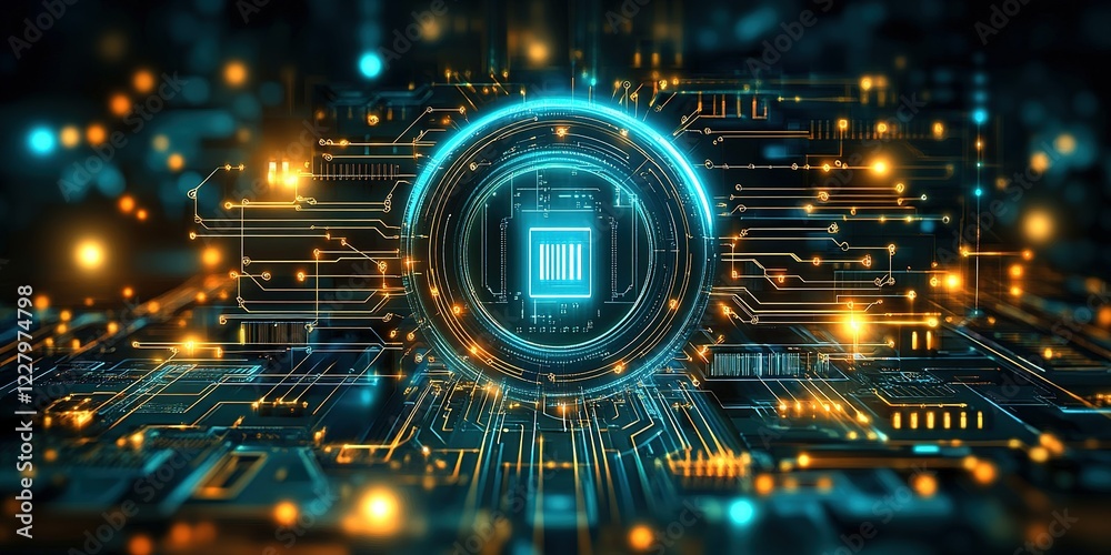 Poster visualizing advanced technology and digital circuits with glowing elements in a futuristic design