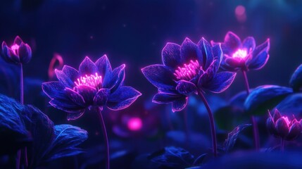 Glowing neon flowers in dark forest, fantasy art, wallpaper