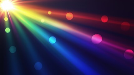 Obraz premium Colorful light beams with rainbow gradient and glowing bokeh circles on dark background, vibrant abstract digital design