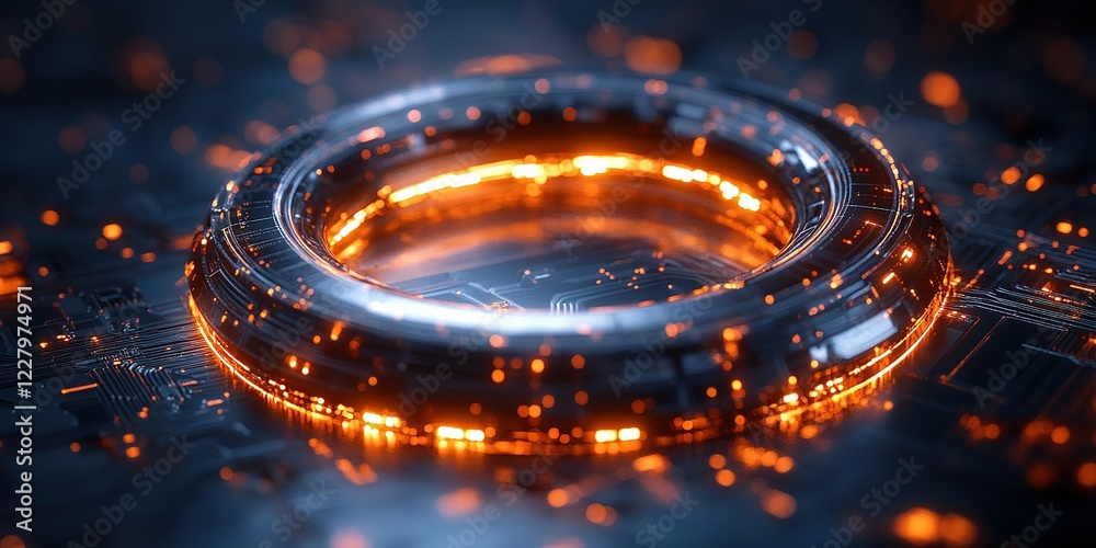 Poster abstract digital representation featuring a glowing circular design on a circuit board background wi