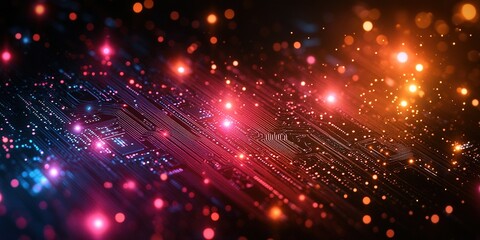 Obraz premium Colorful digital circuit with sparkling lights creating an abstract background