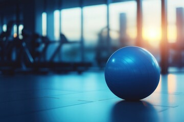 Blue Fitness Ball in Modern Gym at Sunset