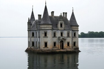 Fototapeta premium Majestic abandoned castle with broken windows and turrets rising from the calm lake water, creating a mysterious and evocative atmosphere
