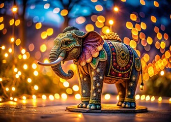 Fototapeta premium Long Exposure Photo of Decorative Elephant Statue at Night, Illuminated with Fairy Lights