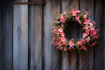 Fototapeta premium Decorative pink floral wreath hanging on a rustic wooden door, adding a touch of spring to a vintage setting
