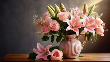 Obraz premium a classic vase filled with pink roses and lilies on a wooden table creating a stunning floral display
