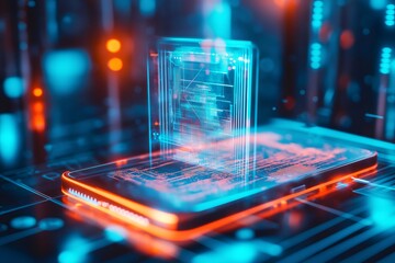 Holographic projection of a transparent cube with electronic circuits coming out of a smartphone in a server room with blue and orange lights