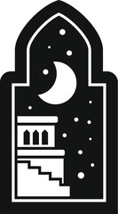 Fototapeta premium Ramadan kareem celebration is depicted with minaret, crescent moon and stars in a black and white illustration