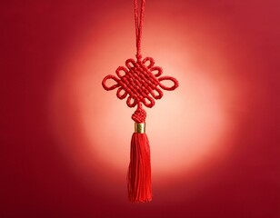 Obraz premium traditional red knot with tassels hanging on glowing red background