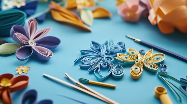 Scene of a paper quilling setup. Featuring quilling strips, tools, and a completed design. Highlighting the craft of paper quilling. Ideal for DIY and craft blogs.