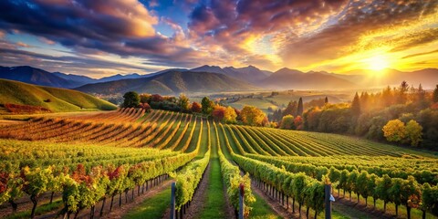 Fototapeta premium Long Exposure Vineyard Landscape: Sunlit Grapes & Mountain Views