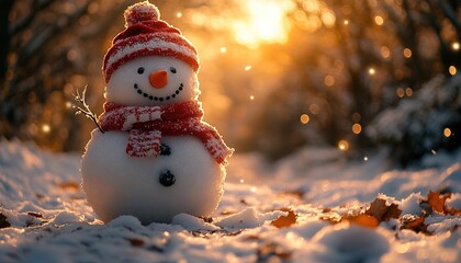 Fototapeta premium Smiling snowman in snowy woods at sunset with falling snow