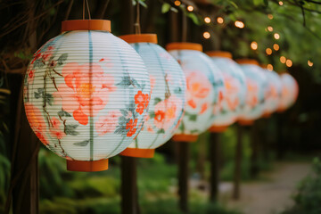 Colorful paper lanterns decorated with floral patterns hanging in a line outdoors, creating a festive atmosphere