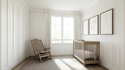 Nursery room with crib, rocking chair, and sunlight.
