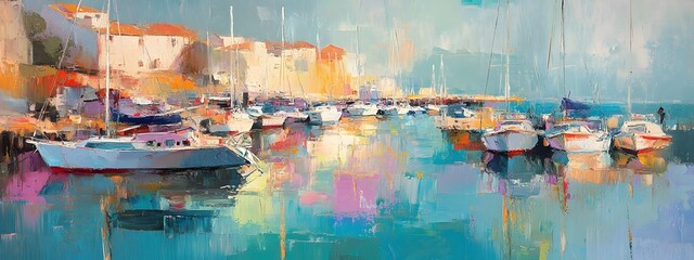 A painting of the harbor in colorful pastel colors, with small boats, oil on canvas
