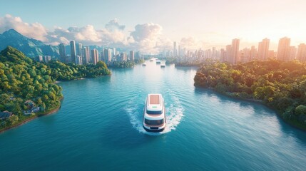 Naklejka premium A stunning aerial view of a luxury boat cruising through a peaceful river surrounded by lush greenery and modern skyscrapers