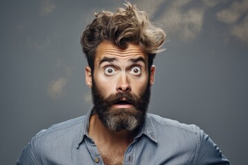 Fototapeta premium Uncertain Young Bearded Man with Messy Beard and Moustache on Attractive Background. Unsatisfied Adult Seeking Barber Help