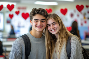 High school couple male and female students smiling in bright classroom with Valentine&rsquo;s Day decorations