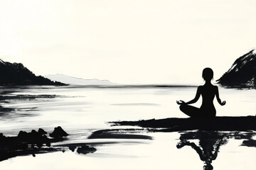 Fototapeta premium Minimalist ink sketch of a woman meditating in yoga pose by a lake with mountains in the background, promoting peace and mindfulness