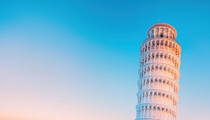 A stunning view of the Leaning Tower of Pisa against a clear blue sky, showcasing its unique architectural style and historical significance in Italy.