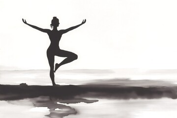 Obraz premium Silhouette of a woman practicing yoga at sunrise on the beach, minimalist ink sketch, black and white