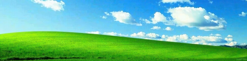 Emerald grass carpet, azure sky canvas, cumulus clouds , field, photography, white