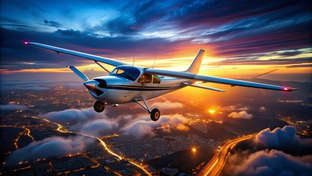 Low Light Cessna 172 Skyhawk Single Propeller Aircraft Night Flight Stock Photo