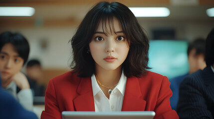 A young woman with an engaging expression focuses intently on her laptop in a lively classroom
